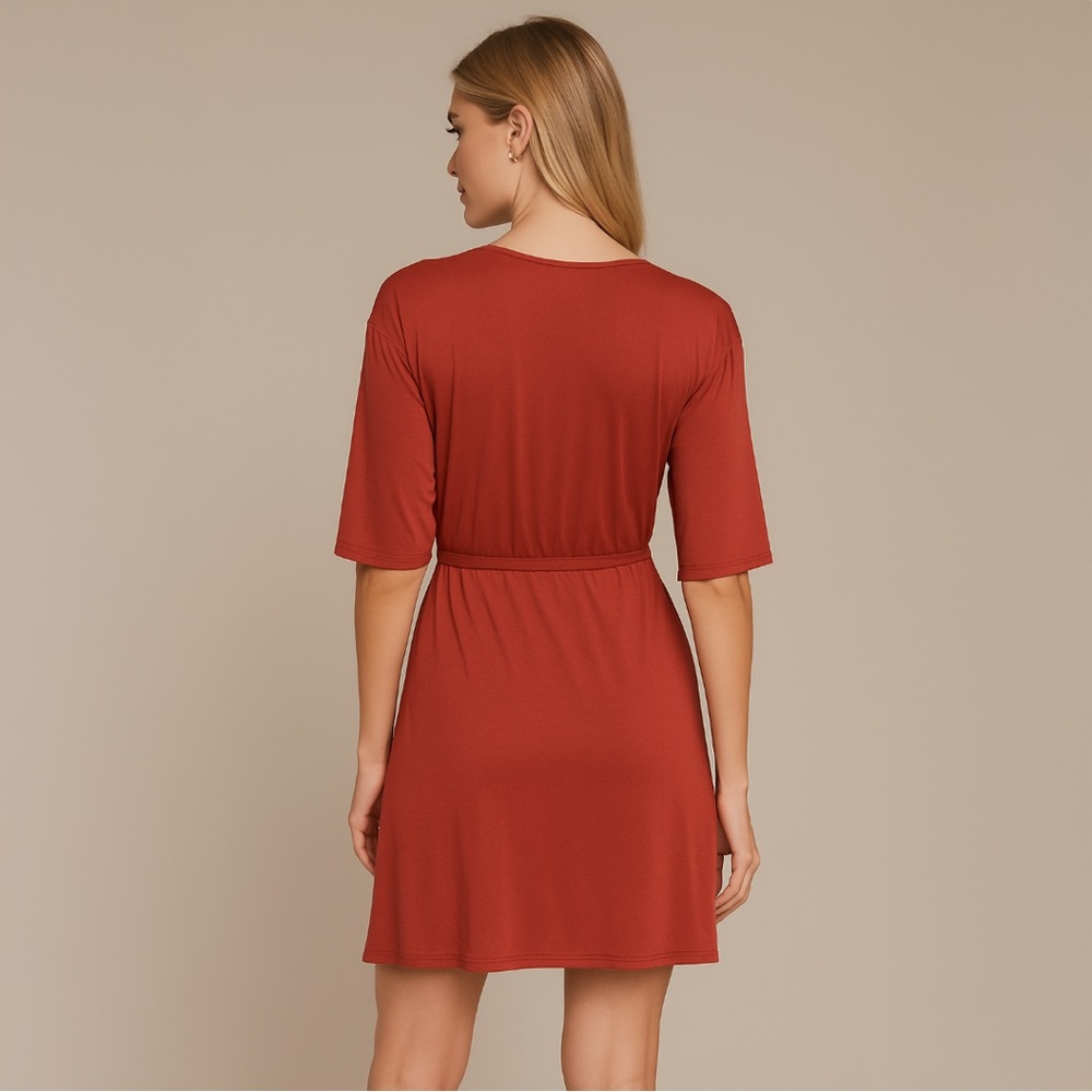 A347 • Rust Modal Wrap Tie Mini Dress - Picture 2 of 4
